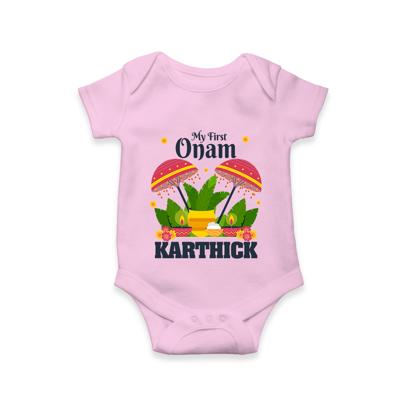 My First Onam Romper / Onesie | Personalized Baby Romper / Onesie for Your Little One's First Onam - BABY PINK - New Born (Chest 14")