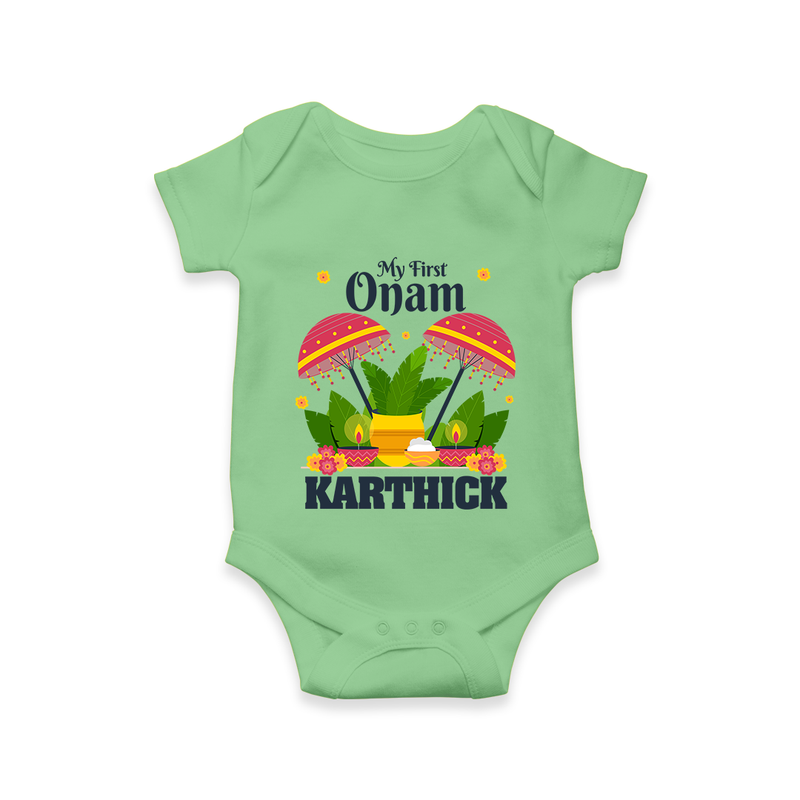 My First Onam Romper / Onesie | Personalized Baby Romper / Onesie for Your Little One's First Onam - GREEN - New Born (Chest 14")