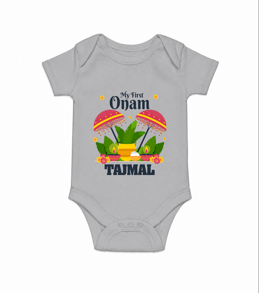 My First Onam Festive Nilavilakku & Banana Leaf Romper - GREY - New Born (Chest 14")