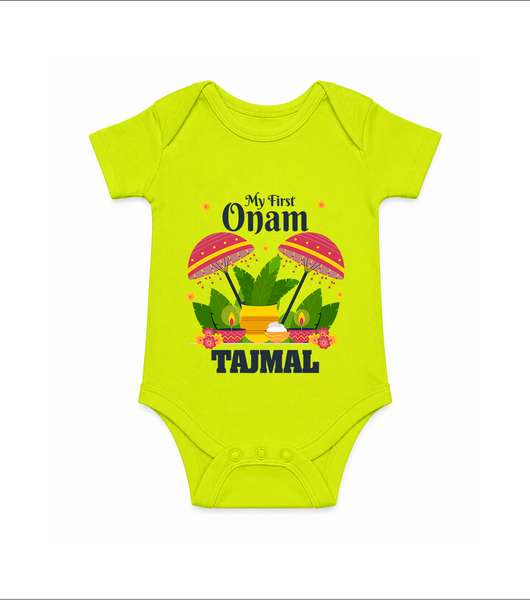 My First Onam Festive Nilavilakku & Banana Leaf Romper - LIME GREEN - New Born (Chest 14")