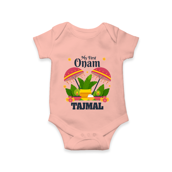 My First Onam Festive Nilavilakku & Banana Leaf Romper - PEACH - New Born (Chest 14")