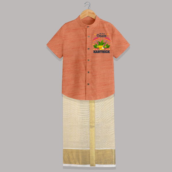 My First Onam Shirt And Dhoti | Personalized Baby Shirt And Dhoti for Your Little One's First Onam - ORANGE - 0 - 6 Months Old (Chest-23") (Dhoti length-14")