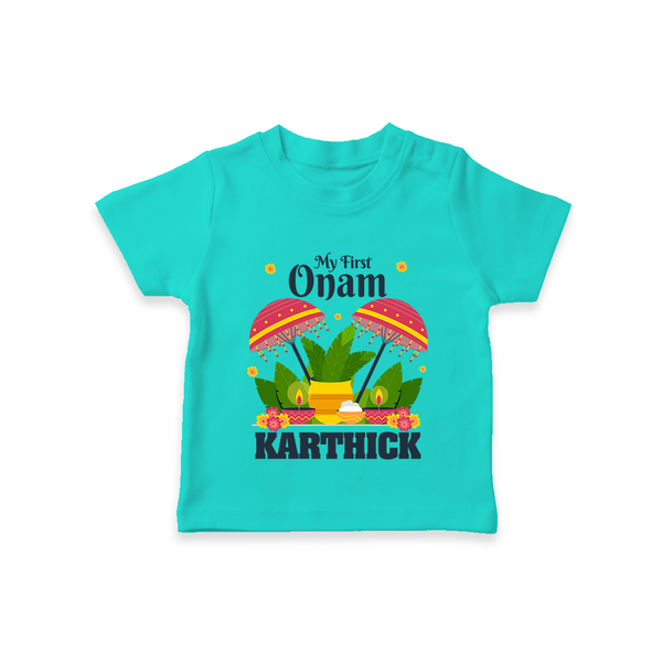 My First Onam T-Shirt | Personalized Baby T-Shirt for Your Little One's First Onam - TEAL - 0-5 Months Old (Chest 17")
