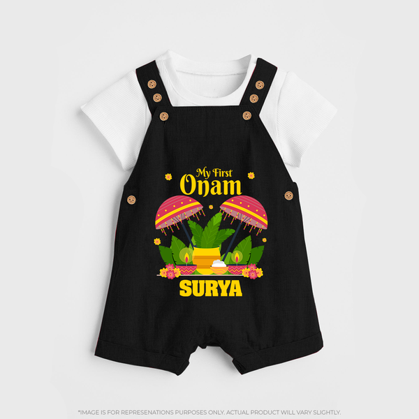 My First Onam Festive Nilavilakku & Banana Leaf Dungaree - BLACK - 0 - 5 Months Old (Chest 18")