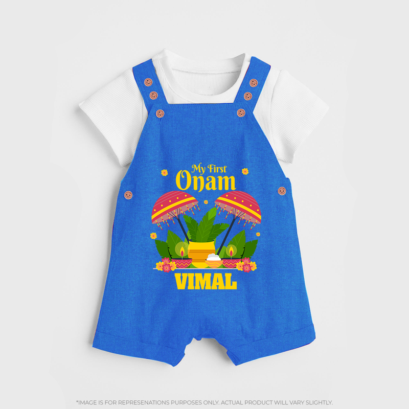 My First Onam Dungaree Set | Personalized Baby Dungaree Set for Your Little One's First Onam - COBALT BLUE - 0 - 5 Months Old (Chest 18")