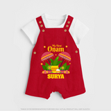 My First Onam Festive Nilavilakku & Banana Leaf Dungaree - RED - 0 - 5 Months Old (Chest 18")