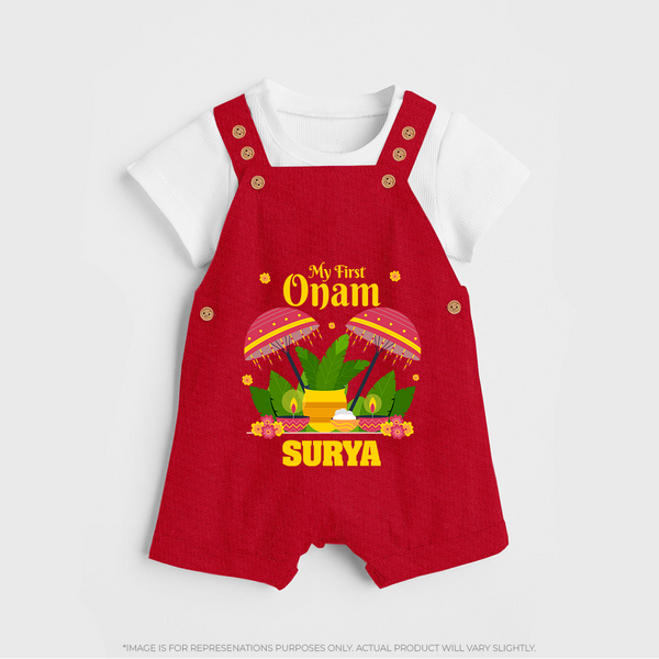 My First Onam Festive Nilavilakku & Banana Leaf Dungaree - RED - 0 - 5 Months Old (Chest 18")