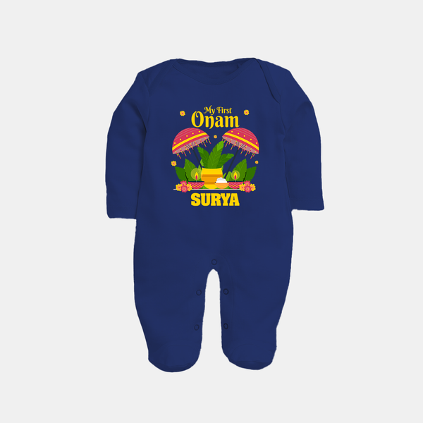 My First Onam Festive Nilavilakku & Banana Leaf Full Body Suit - NAVY BLUE - New Born (Chest 7.5")