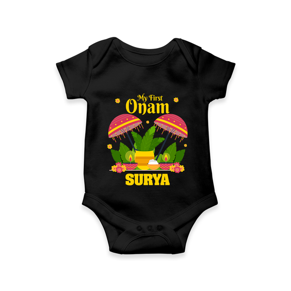 My First Onam Festive Nilavilakku & Banana Leaf Romper - BLACK - New Born (Chest 14")