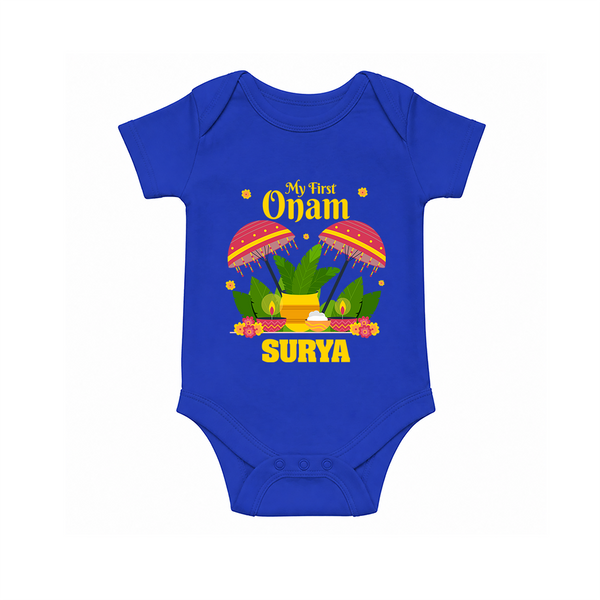 My First Onam Festive Nilavilakku & Banana Leaf Romper - COBALT BLUE - New Born (Chest 14")