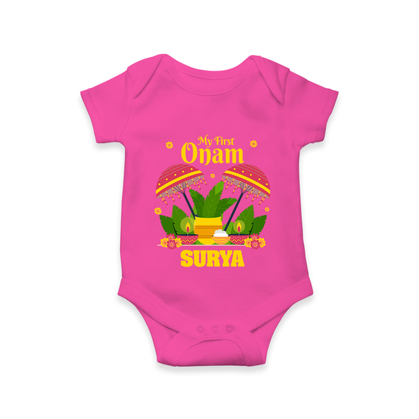 My First Onam Festive Nilavilakku & Banana Leaf Romper - HOT PINK - New Born (Chest 14")