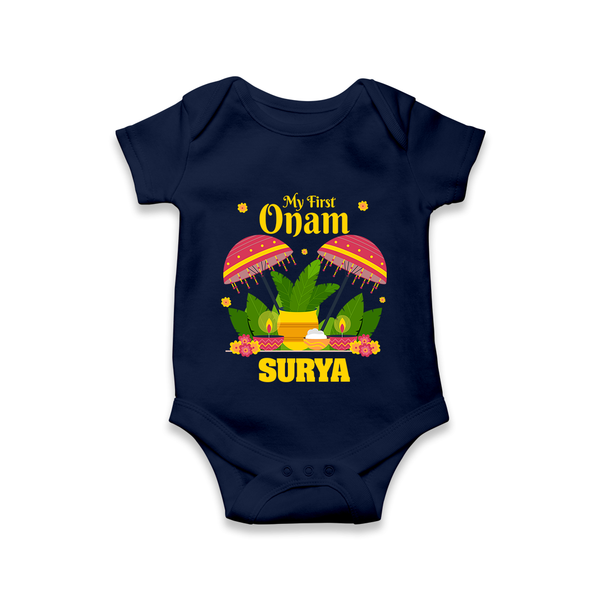 My First Onam Festive Nilavilakku & Banana Leaf Romper - NAVY BLUE - New Born (Chest 14")