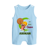 My First Onam Mahabali Celebration Button Romper - BABY BLUE - New Born (Chest 18")