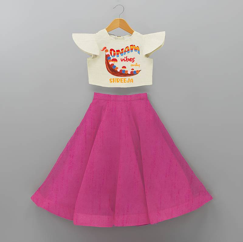 Onam Vibes Only - Customised Crop Top and Skirt for kids - FUSCHIA - 0-6 Month Old (Chest 20") (Frock Waist 20")