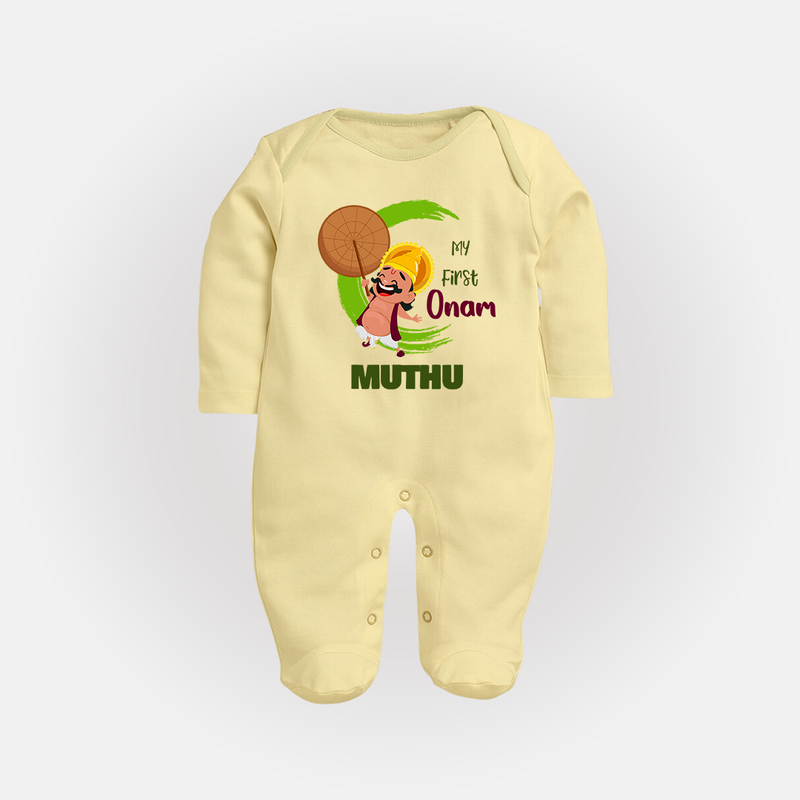 My 1st Onam Sleep Suit | Custom Baby Sleep Suit to Celebrate Your Baby's First Onam - PASTEL YELLOW - New Born (Chest 7.5")