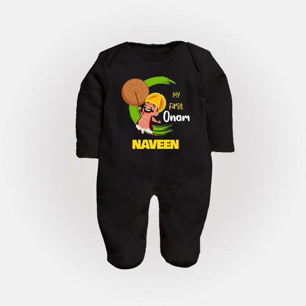 My 1st Onam Sleep Suit | Custom Baby Sleep Suit to Celebrate Your Baby's First Onam - BLACK - New Born (Chest 7.5")