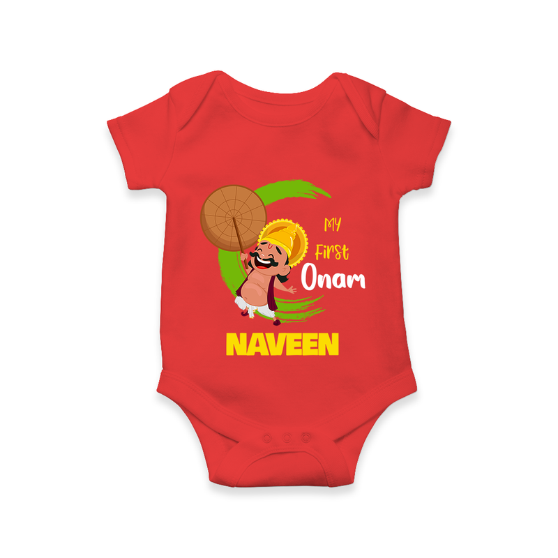 My 1st Onam Romper / Onesie | Custom Baby Romper / Onesie to Celebrate Your Baby's First Onam - RED - New Born (Chest 14")