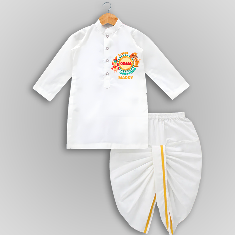 Joyous Onam Celebrations - Customised Drapped Dhoti for kids - WHITE - 0-6 Month Old (Chest 24", Kurta Length 14" , Waist 19", Dhoti Length 14")