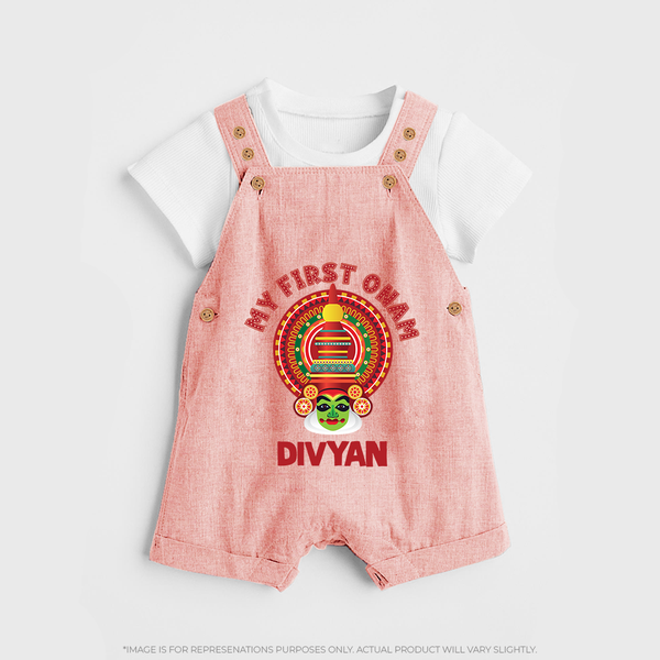 My First Onam Special Edition Dungaree Set | Personalized Baby Dungaree Set for Onam Festival - PEACH - 0 - 5 Months Old (Chest 18")