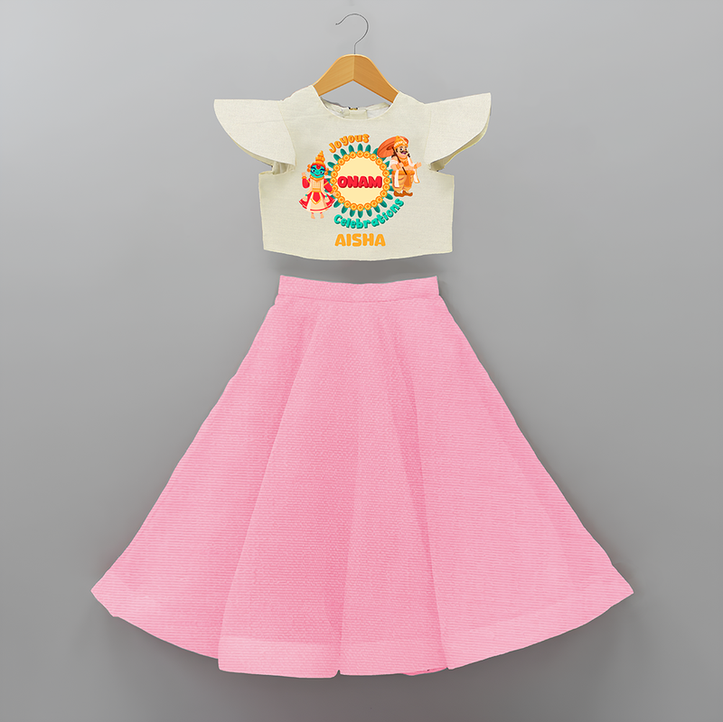 Joyous Onam Celebrations - Customised Crop Top and Skirt  for kids - PINK - 0-6 Month Old (Chest 20") (Frock Waist 20")