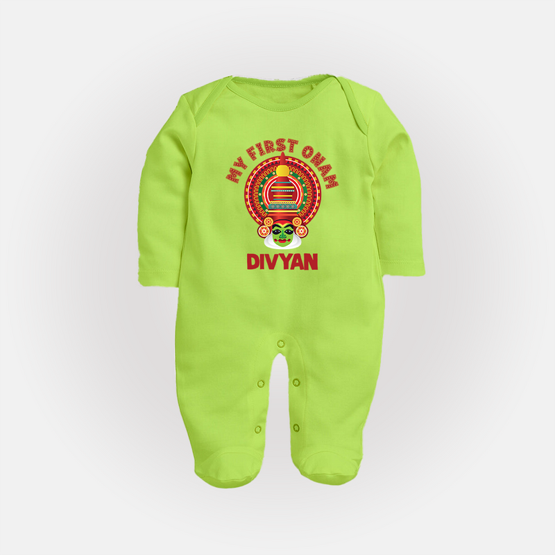 My First Onam Special Edition Sleep Suit | Personalized Baby Sleep Suit for Onam Festival - LIME GREEN - New Born (Chest 7.5")