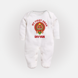 My First Onam Special Edition Sleep Suit | Personalized Baby Sleep Suit for Onam Festival - WHITE - New Born (Chest 7.5")