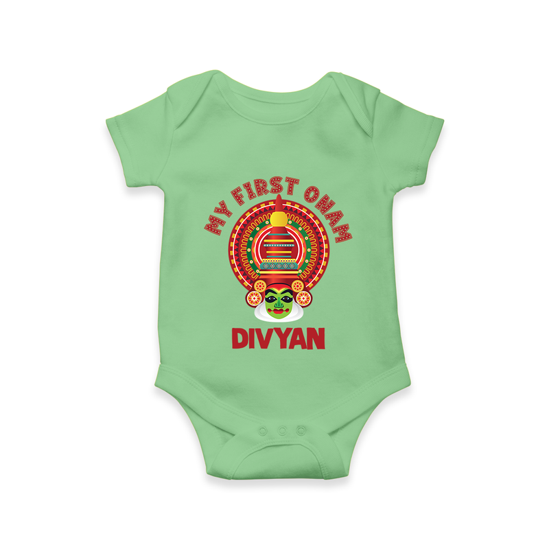 My First Onam Special Edition Romper / Onesie | Personalized Baby Romper / Onesie for Onam Festival - GREEN - New Born (Chest 14")