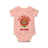 My First Onam Special Edition Romper / Onesie | Personalized Baby Romper / Onesie for Onam Festival - PEACH - New Born (Chest 14")