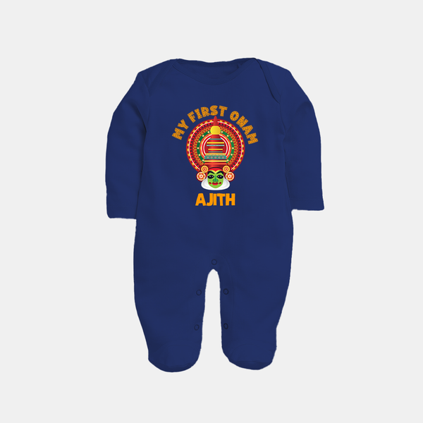 My First Onam Special Edition Sleep Suit | Personalized Baby Sleep Suit for Onam Festival - NAVY BLUE - New Born (Chest 7.5")