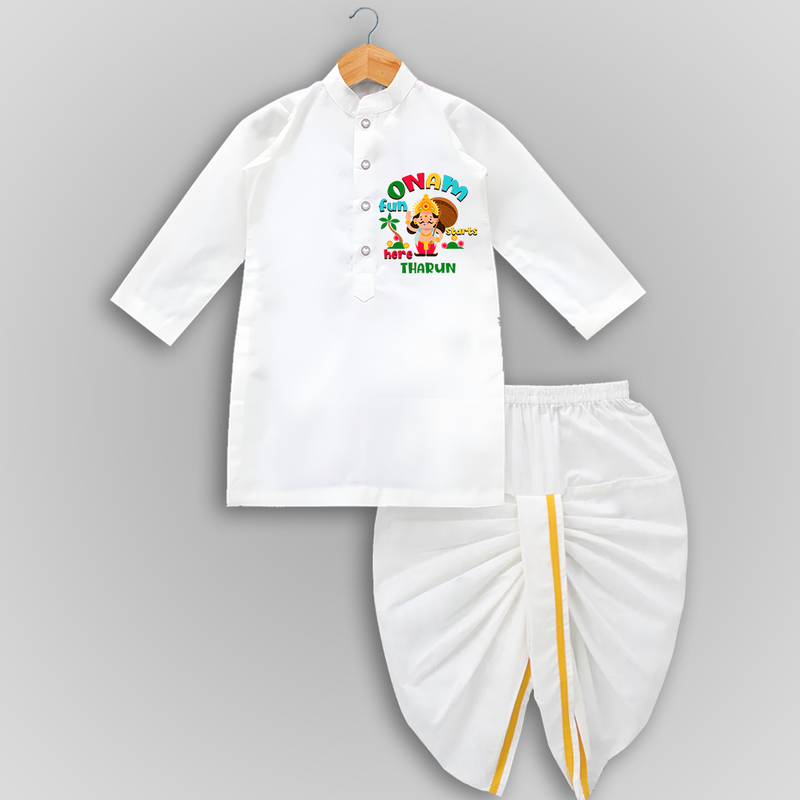 Onam Fun Starts - Customised Drapped Dhoti for kids - WHITE - 0-6 Month Old (Chest 24", Kurta Length 14" , Waist 19", Dhoti Length 14")