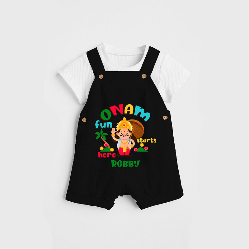 Onam Fun Starts - Customised Dungaree for kids - BLACK - 0 - 5 Months Old (Chest 18")