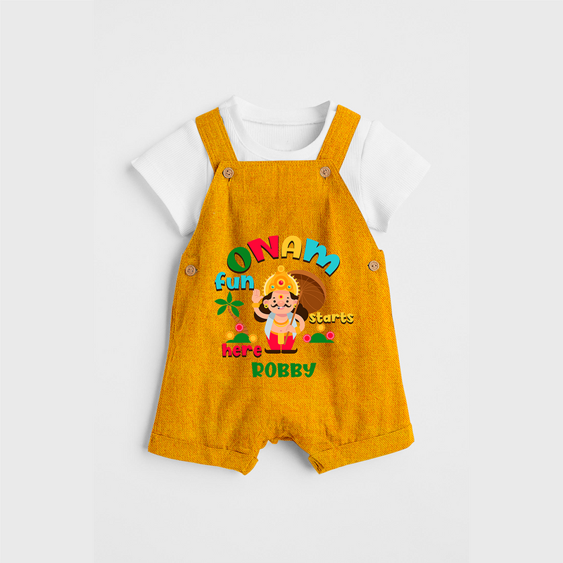 Onam Fun Starts - Customised Dungaree for kids - CHROME YELLOW - 0 - 5 Months Old (Chest 18")