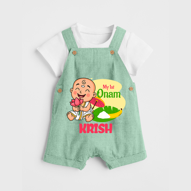 My First Onam Custom Dungaree Set | Personalized Dungaree Set for Your Baby's First Onam - MINT GREEN - 0 - 5 Months Old (Chest 18")
