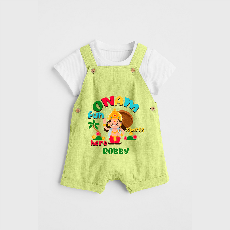 Onam Fun Starts - Customised Dungaree for kids - PASTEL GREEN - 0 - 5 Months Old (Chest 18")