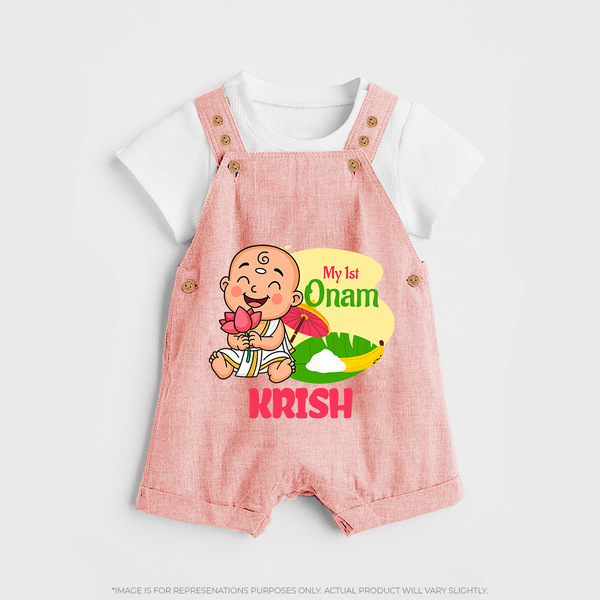 My First Onam Custom Dungaree Set | Personalized Dungaree Set for Your Baby's First Onam - PEACH - 0 - 5 Months Old (Chest 18")