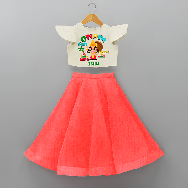 Onam Fun Starts - Customised Crop Top and Skirt for kids - RED - 0-6 Month Old (Chest 20") (Frock Waist 20")