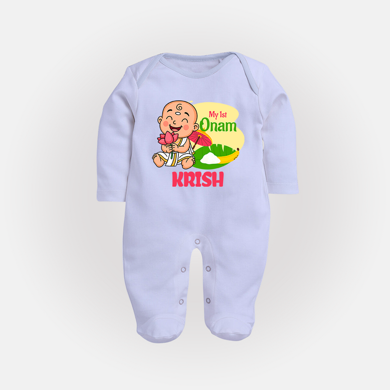 My First Onam Custom Sleep Suit | Personalized Sleep Suit for Your Baby's First Onam - BABY BLUE - New Born (Chest 7.5")