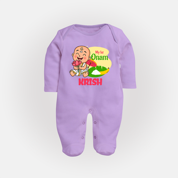 My First Onam Custom Sleep Suit | Personalized Sleep Suit for Your Baby's First Onam - LILAC - New Born (Chest 7.5")