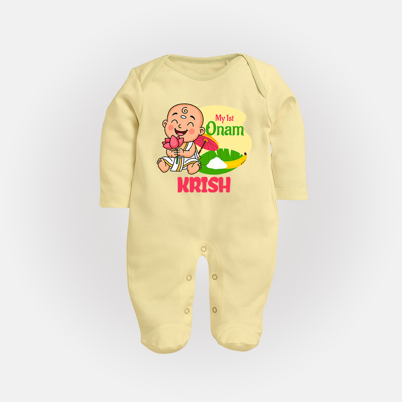 My First Onam Custom Sleep Suit | Personalized Sleep Suit for Your Baby's First Onam - PASTEL YELLOW - New Born (Chest 7.5")