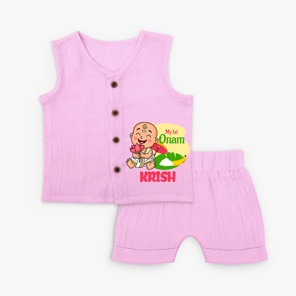 My First Onam Custom Jabla Set | Personalized Jabla Set for Your Baby's First Onam - BABY PINK - 0 - 3 Months Old (Chest 9.8")