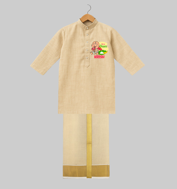 My First Onam Custom Juba And Mundu | Personalized Juba And Mundu for Your Baby's First Onam - KASAVU - 3 - 6 Months Old (Chest 24", Kurta Length 14'', Dhoti length-14")