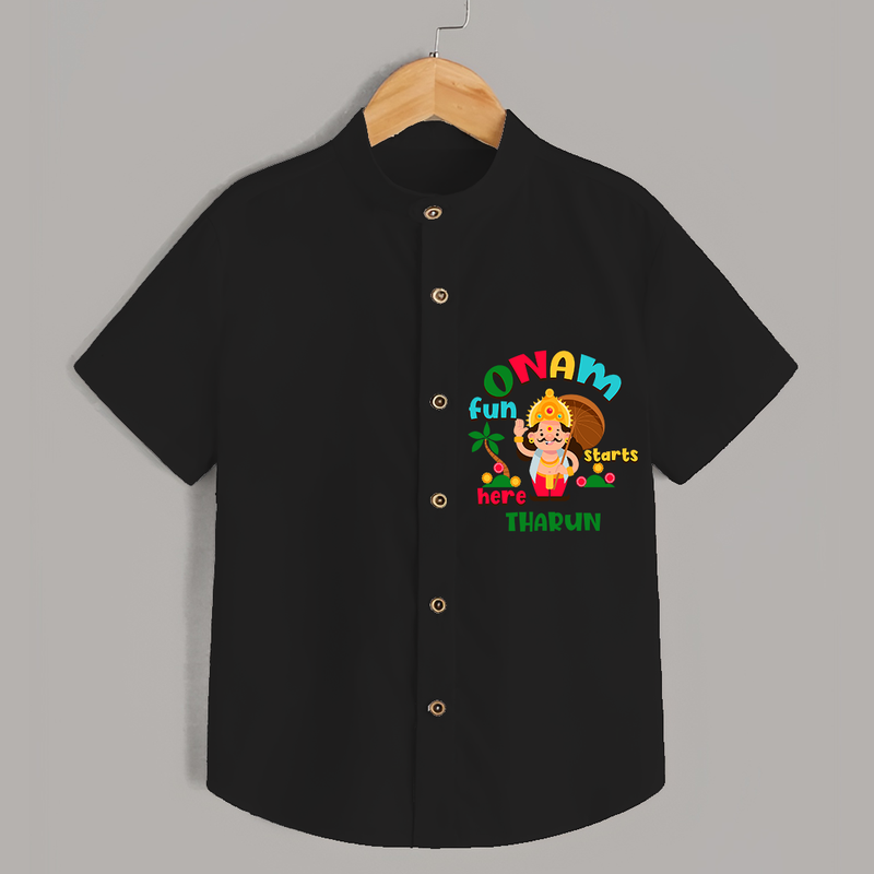 Onam Fun Starts - Customised Shirt for kids - BLACK - 0 - 6 Months Old (Chest 23")