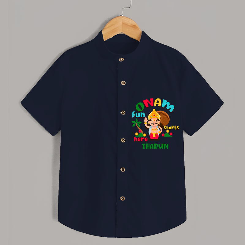 Onam Fun Starts - Customised Shirt for kids - NAVY BLUE - 0 - 6 Months Old (Chest 23")