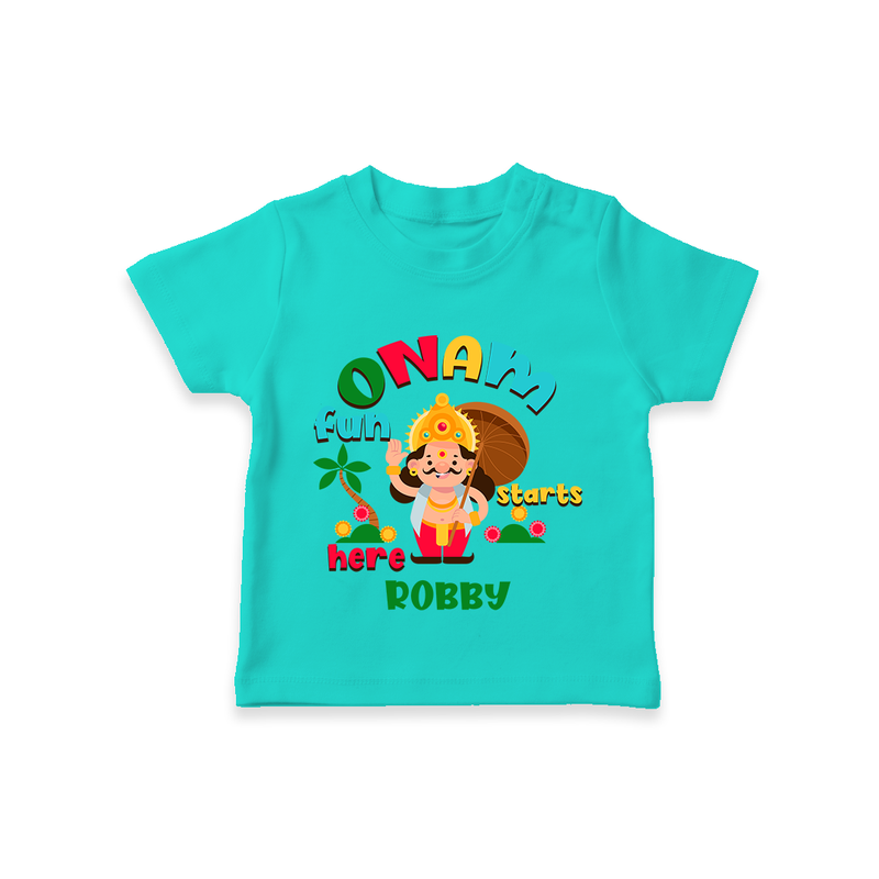 Onam Fun Starts - Customised T-Shirt for kids - TEAL - 0-5Month Old (Chest 17")