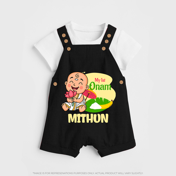 My First Onam Custom Dungaree Set | Personalized Dungaree Set for Your Baby's First Onam - BLACK - 0 - 5 Months Old (Chest 18")