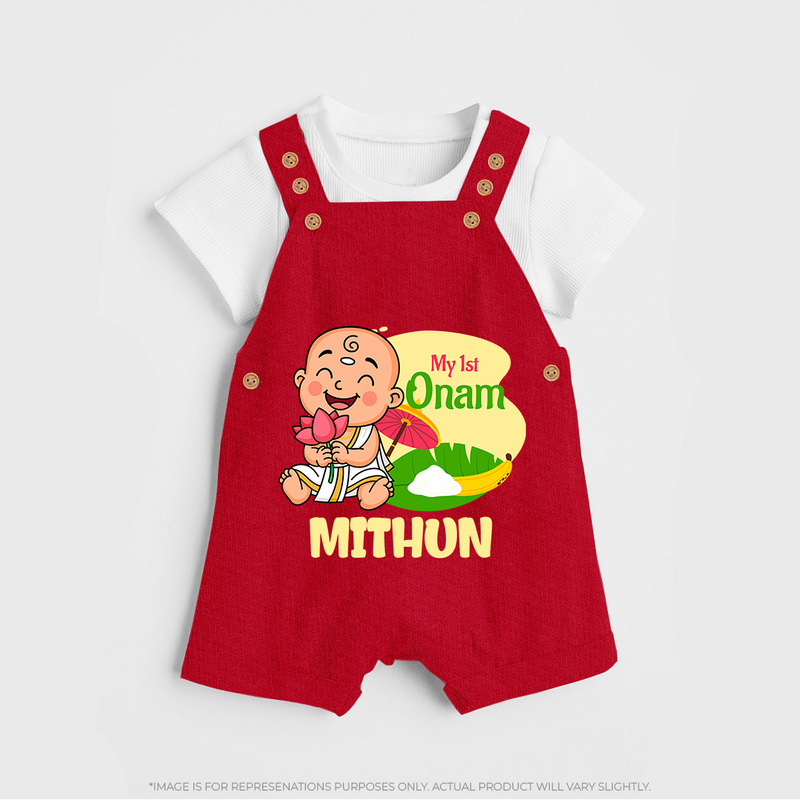 My First Onam Custom Dungaree Set | Personalized Dungaree Set for Your Baby's First Onam - RED - 0 - 5 Months Old (Chest 18")