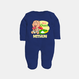 My First Onam Custom Sleep Suit | Personalized Sleep Suit for Your Baby's First Onam - NAVY BLUE - New Born (Chest 7.5")