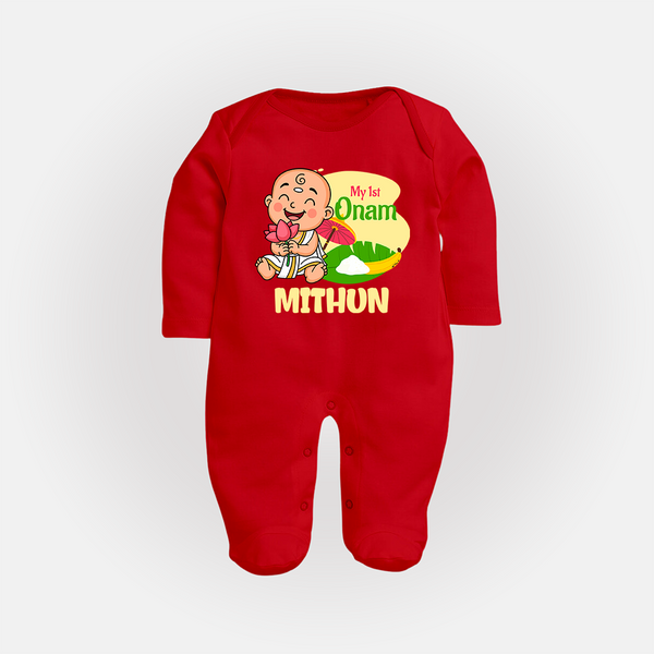 My First Onam Custom Sleep Suit | Personalized Sleep Suit for Your Baby's First Onam - RED - New Born (Chest 7.5")