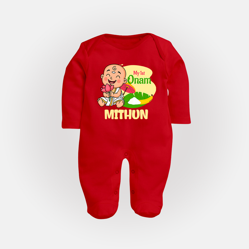 My First Onam Custom Sleep Suit | Personalized Sleep Suit for Your Baby's First Onam - RED - New Born (Chest 7.5")
