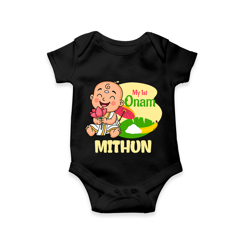 My First Onam Custom Romper / Onesie | Personalized Romper / Onesie for Your Baby's First Onam - BLACK - New Born (Chest 14")
